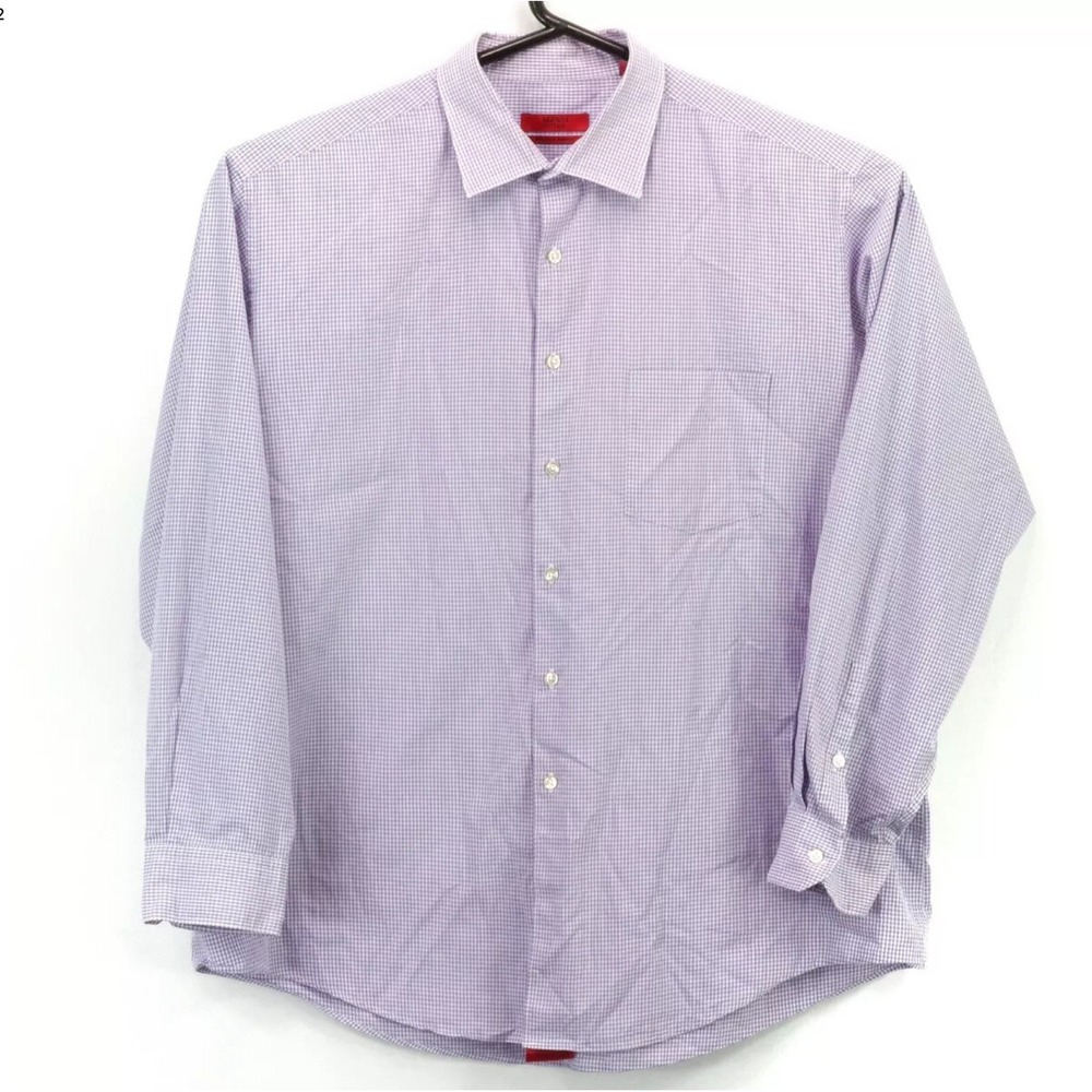 Alfani Men's Button Up LS Collared Fitted Shirt 2XL XXL Purple White Plaid‎ euc